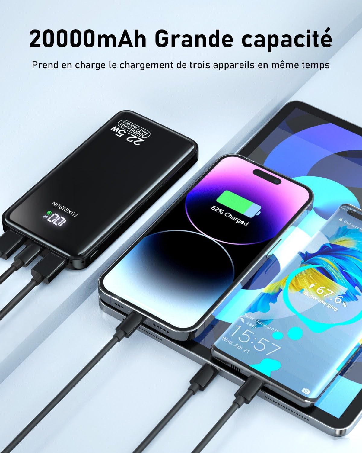 Power Bank 20000mAh 22.5W Fast Charge Power Bank PD3.0 QC4.0 Mobile Phone External Battery with LCD Display USB C Outputs and Inputs Portable Charger for Smartwatch Smartphones