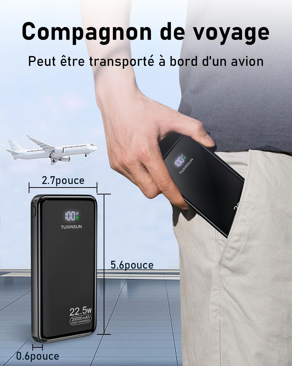 Power Bank 20000mAh 22.5W Fast Charge Power Bank PD3.0 QC4.0 Mobile Phone External Battery with LCD Display USB C Outputs and Inputs Portable Charger for Smartwatch Smartphones