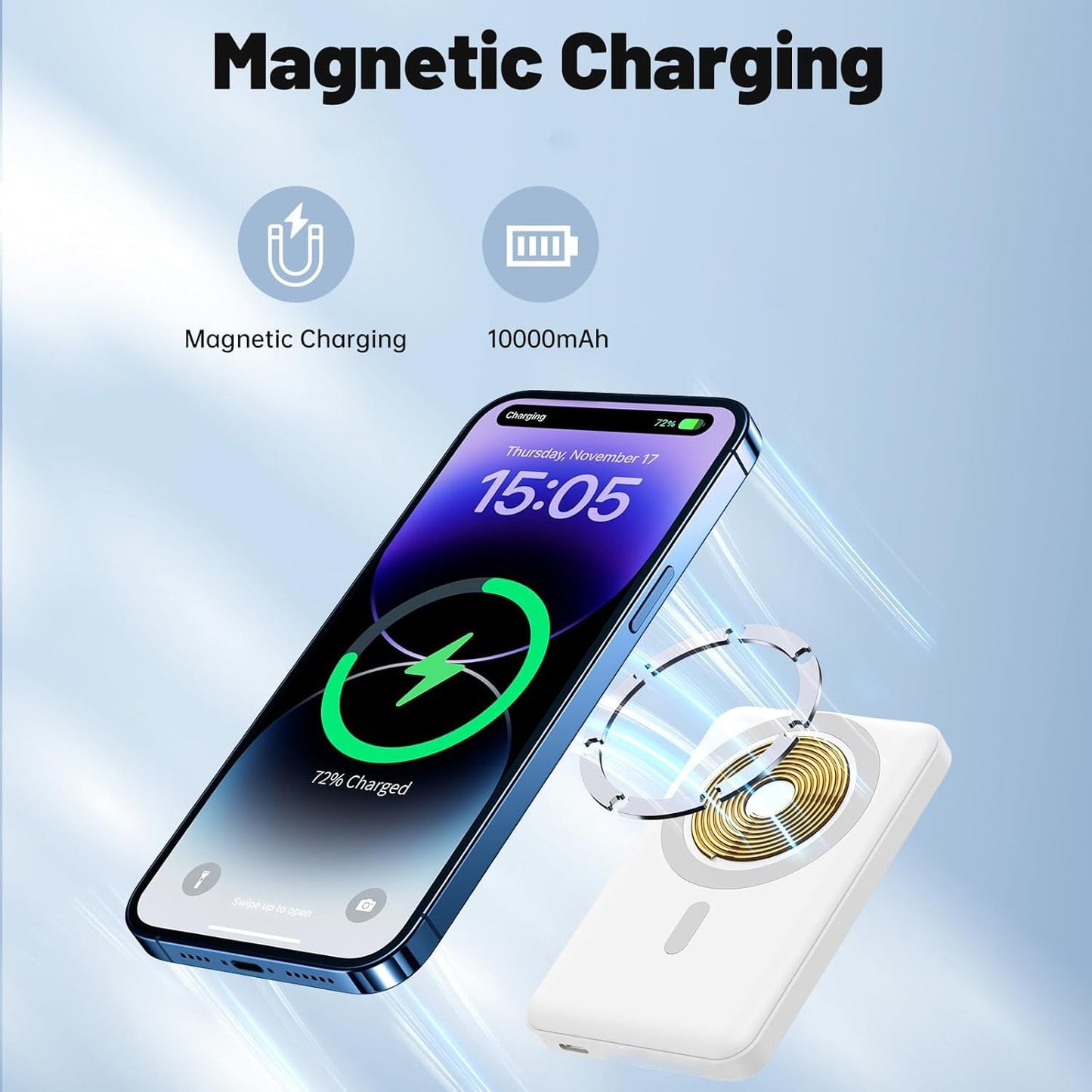 Wireless Magnetic External Battery, 20W Fast Charging Powerbank, 10000mAh Power Bank Compatible with iPhone 16 15 14 13 12 Pro Max Plus iPad Android, Portable Battery Powerbank Induction
